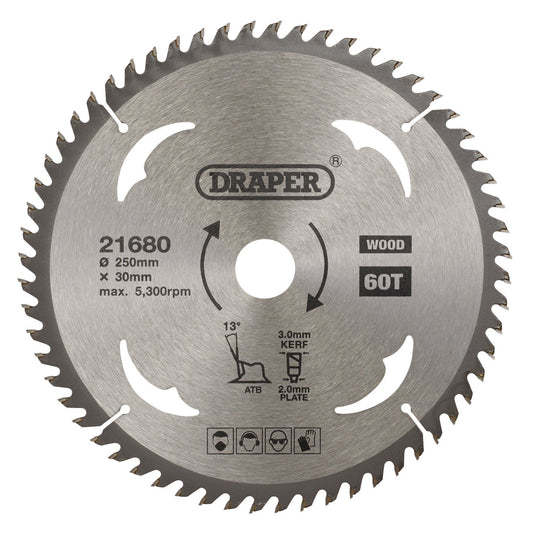 Draper Tct Saw Blade 250mm 60T Wood SBW12