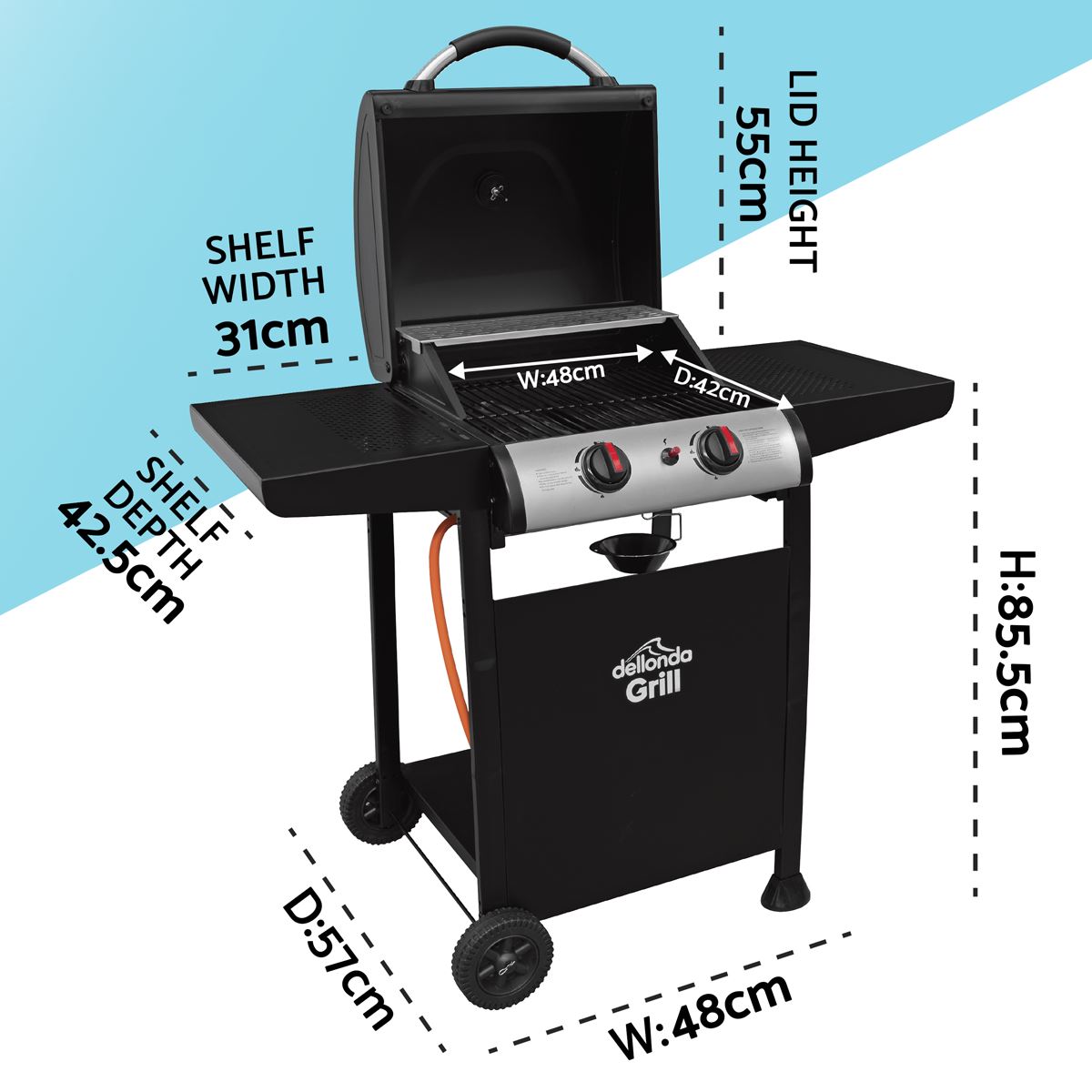 Dellonda 2 Burner Gas BBQ Grill with Ignition & Thermometer - Black/Stainless Steel DG13