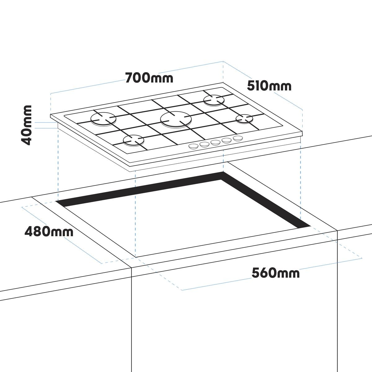 Baridi Gas Hob with 5 Cooking Zones 70cm - Stainless Steel DH227