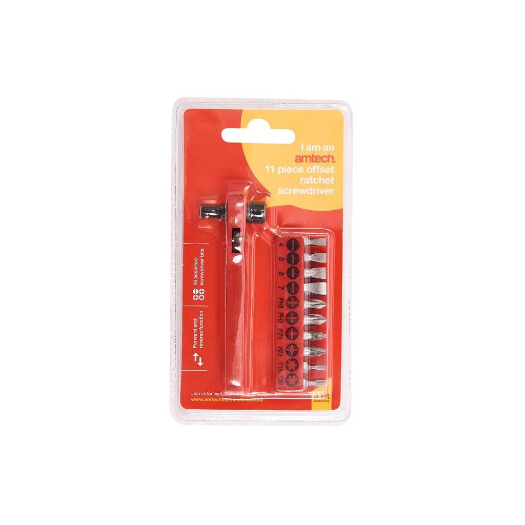 Amtech 11 Piece Offset Ratchet Screwdriver+Bits Cushion Grip Handle Tools - L1560