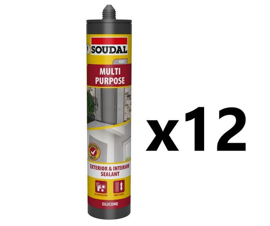 Soudal 12x Multi-Purpose Silicone Sealant - GREY (290ml)