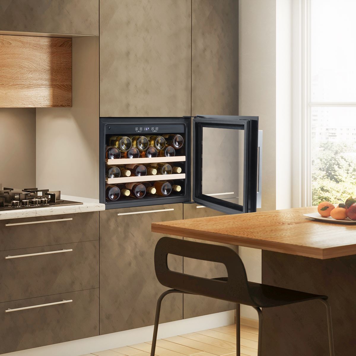 Sealey Baridi 60cm Built-In 28 Bottle Wine Cooler with Beech Wood Shelves and Internal LED Light, Black DH205