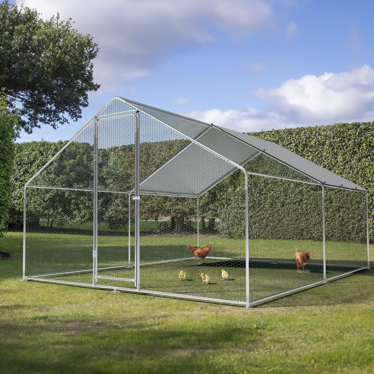 Dellonda 3x4x2m Walk-In Chicken Run, Galvanized Steel, Roof Cover, PVC Coated Chicken Wire DG279