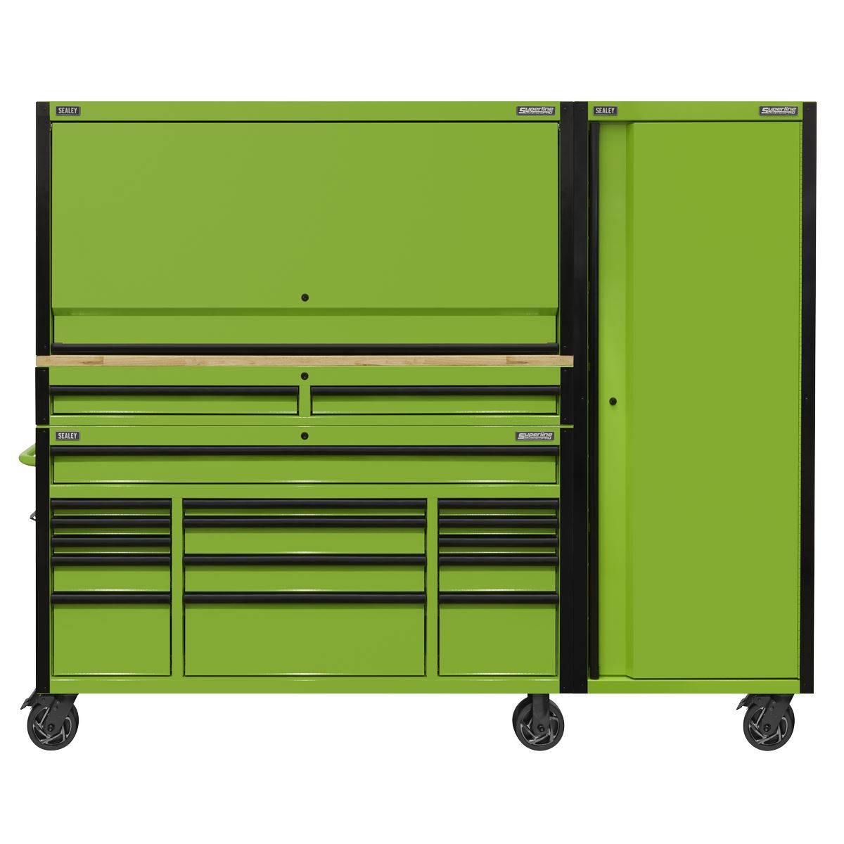 Sealey 15 Drawer 1549mm Mobile Trolley with Wooden Worktop, Hutch, 2 Drawer Riser & Side Locker AP6115BECOMBO2