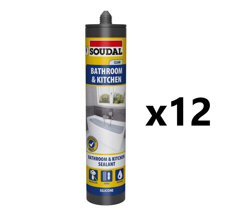 Soudal 12x Bathroom & Kitchen Silicone Sealant - CLEAR (290ml)