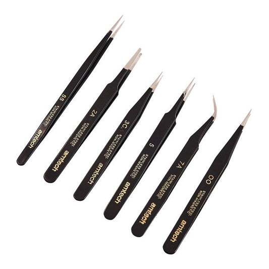 6x Coated Precision Tweezers Set Non Magnetic Assorted Angle Shapes Steel Tips - R0384