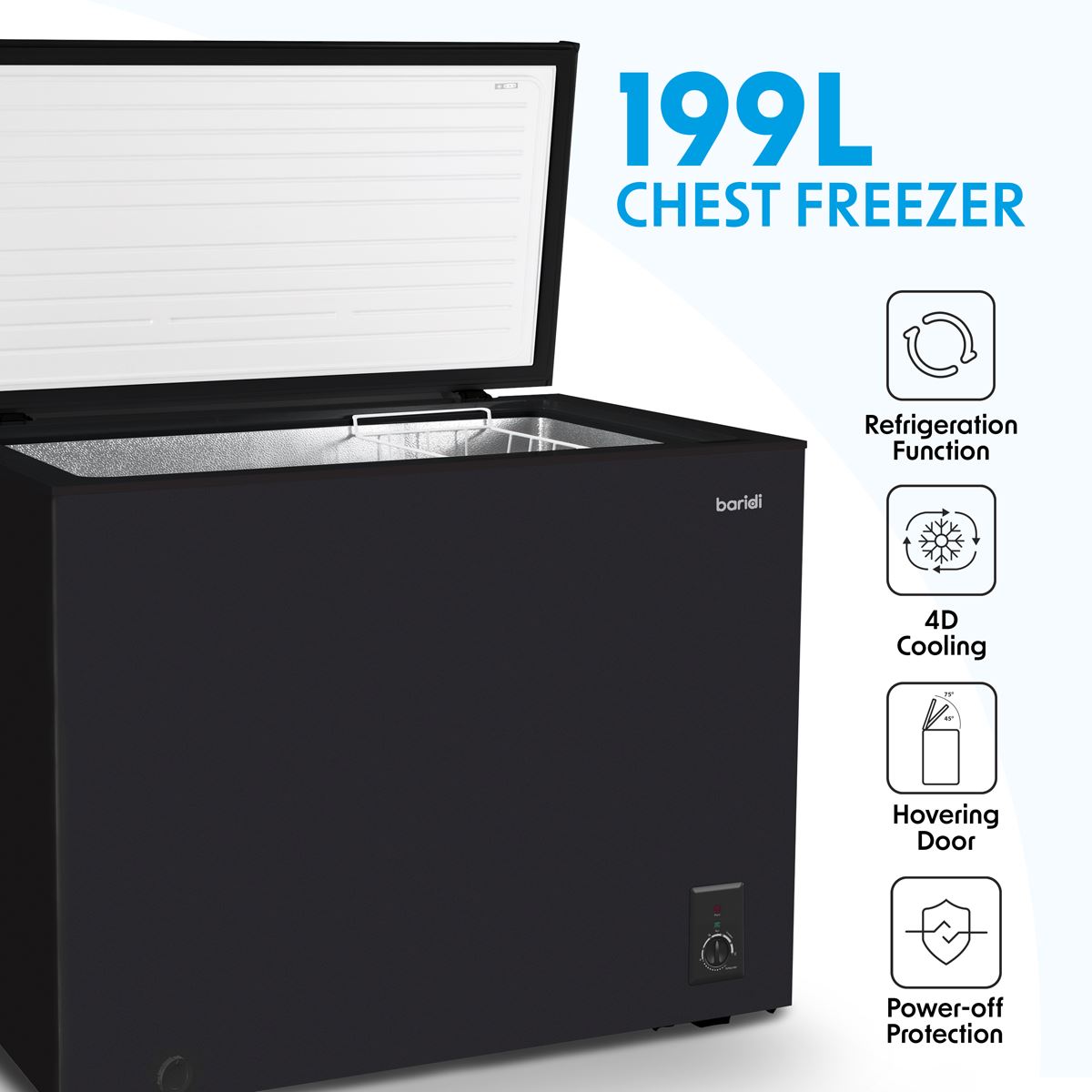 Sealey Baridi Freestanding Chest Freezer, 199L Capacity, Garages and Outbuilding Safe, -12 to -24�C Adjustable Thermostat with Refrigeration Mode, Black DH151