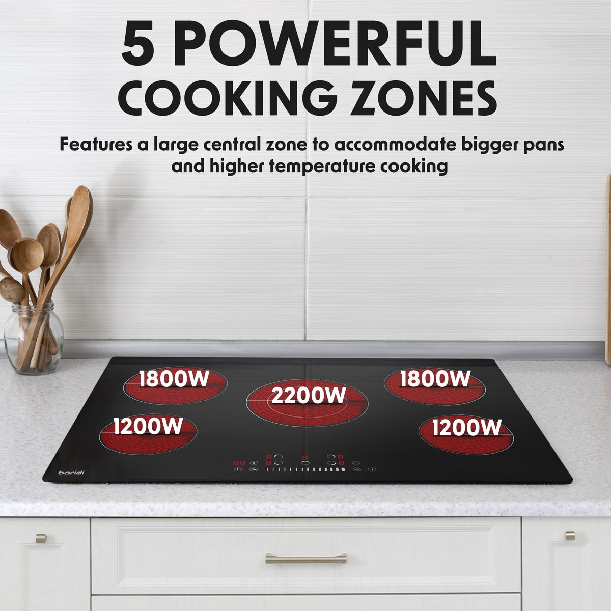 Baridi 77cm Built-In Ceramic Hob, 5 Cooking Zones, Black Glass, Touch Controls