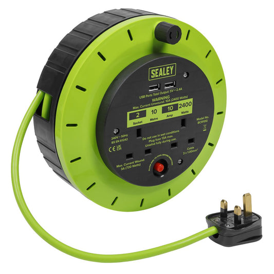 Sealey Cassette Type Cable Reel Green with Thermal Trip 2 x 230V and 2 x USB 10m BCR10G