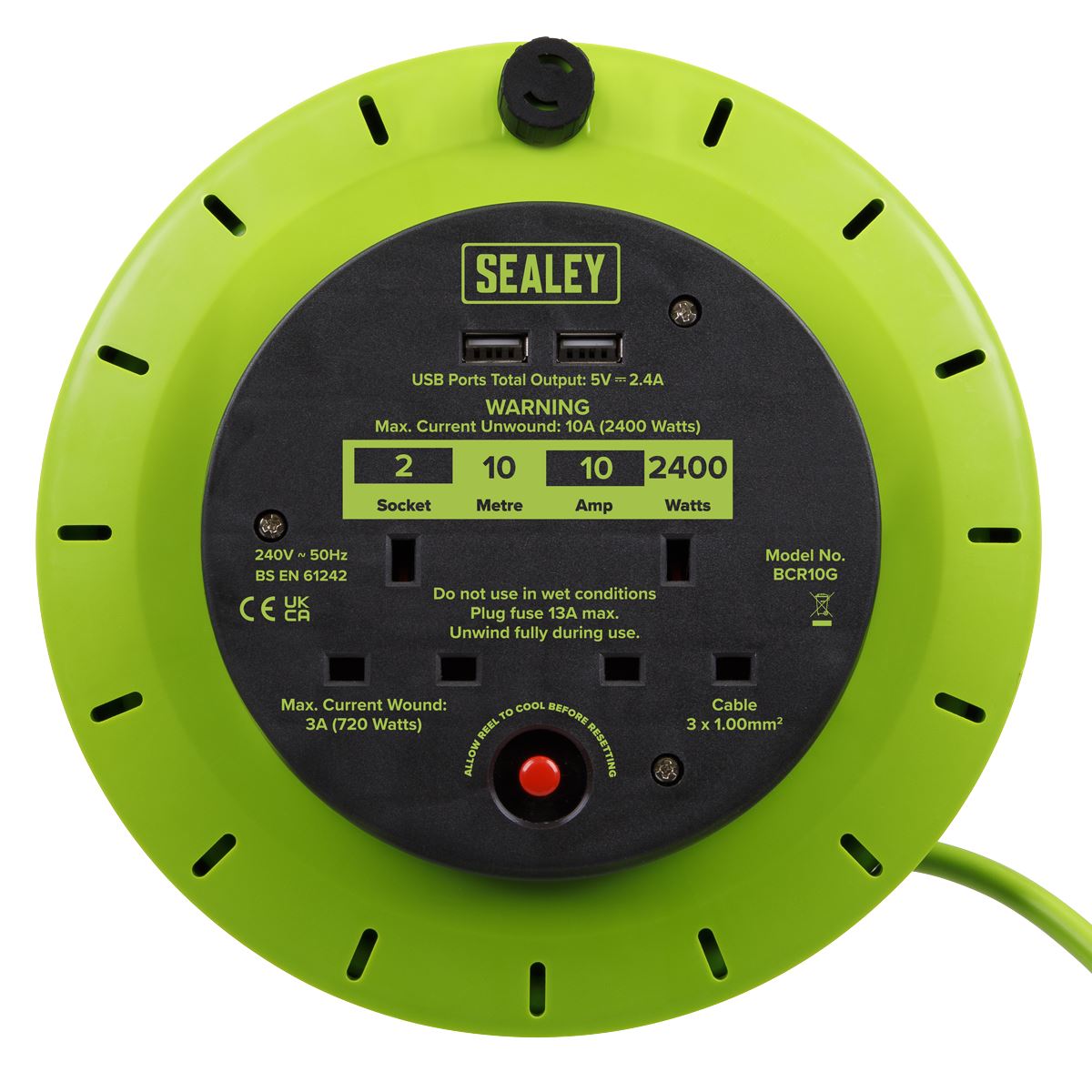 Sealey Cassette Type Cable Reel Green with Thermal Trip 2 x 230V and 2 x USB 10m BCR10G