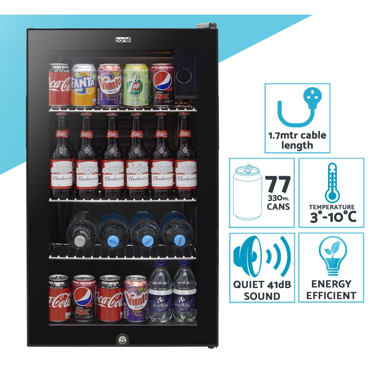 Baridi Under Counter Wine/Drink/Beverage Cooler/Fridge, Built-In Thermostat, Light, Security Lock, 85 Litre � Black DH13