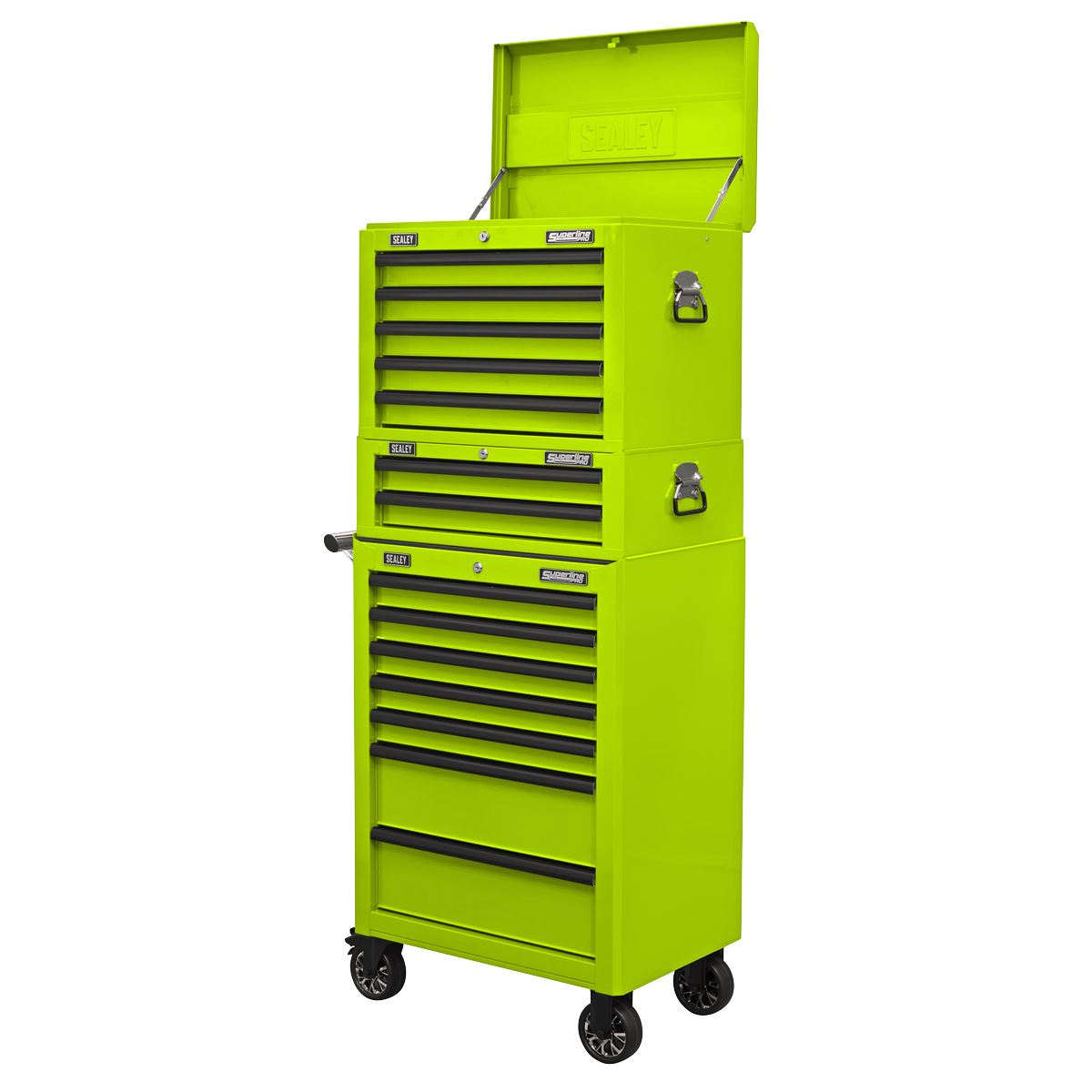 Sealey Superline Pro Topchest, Mid-Box Tool Chest & Rollcab Combination 14 Drawer with Ball-Bearing Slides - Green APSTACKTHV