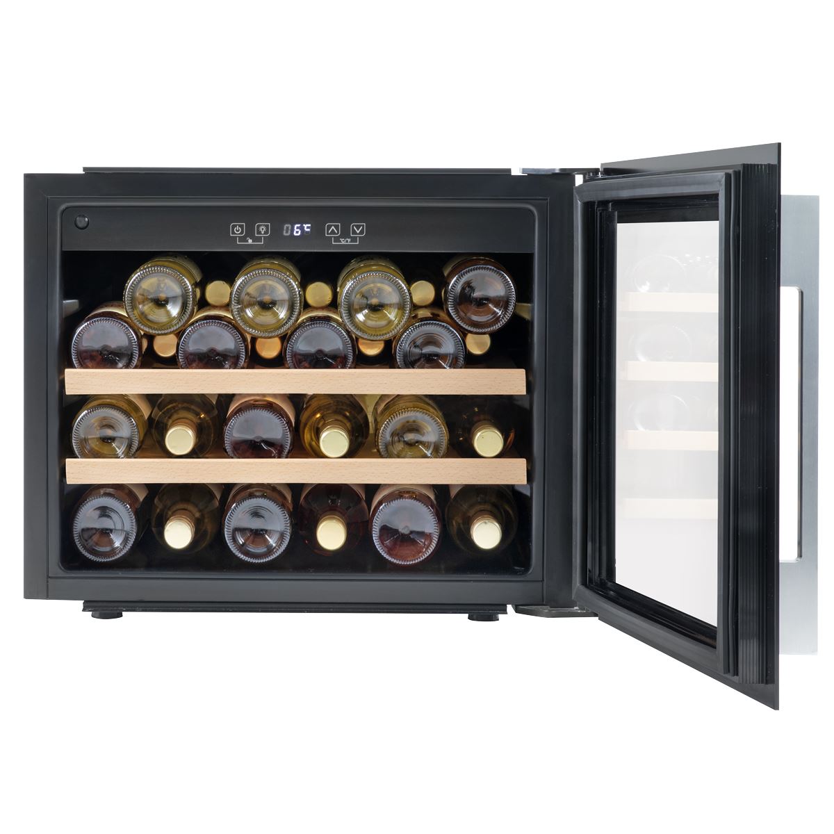 Sealey Baridi 60cm Built-In 28 Bottle Wine Cooler with Beech Wood Shelves and Internal LED Light, Black DH205