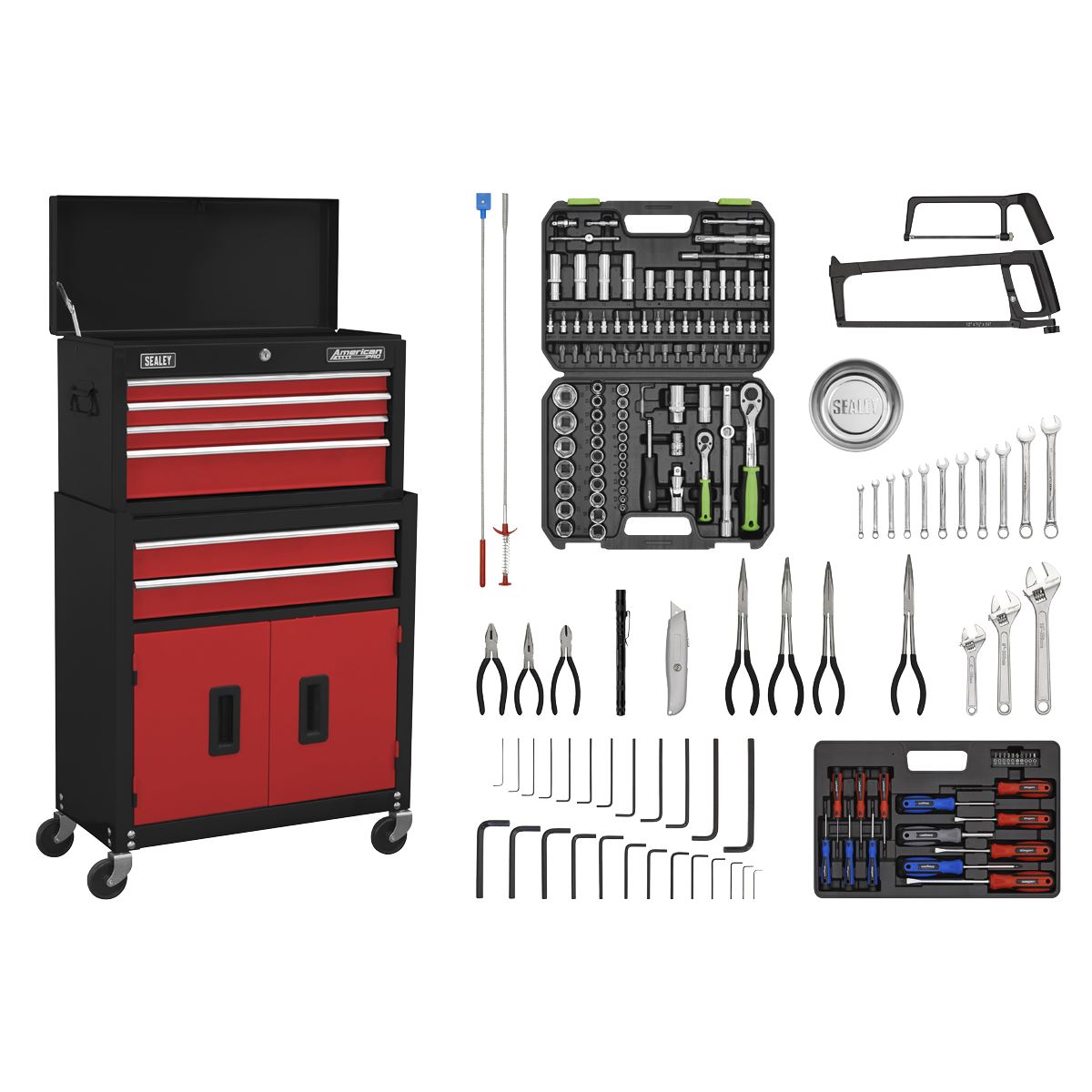 Sealey American Pro Topchest & Rollcab Combination 6 Drawer with Ball-Bearing Slides - Red/Black & 170pc Tool Kit AP22RCOMBO