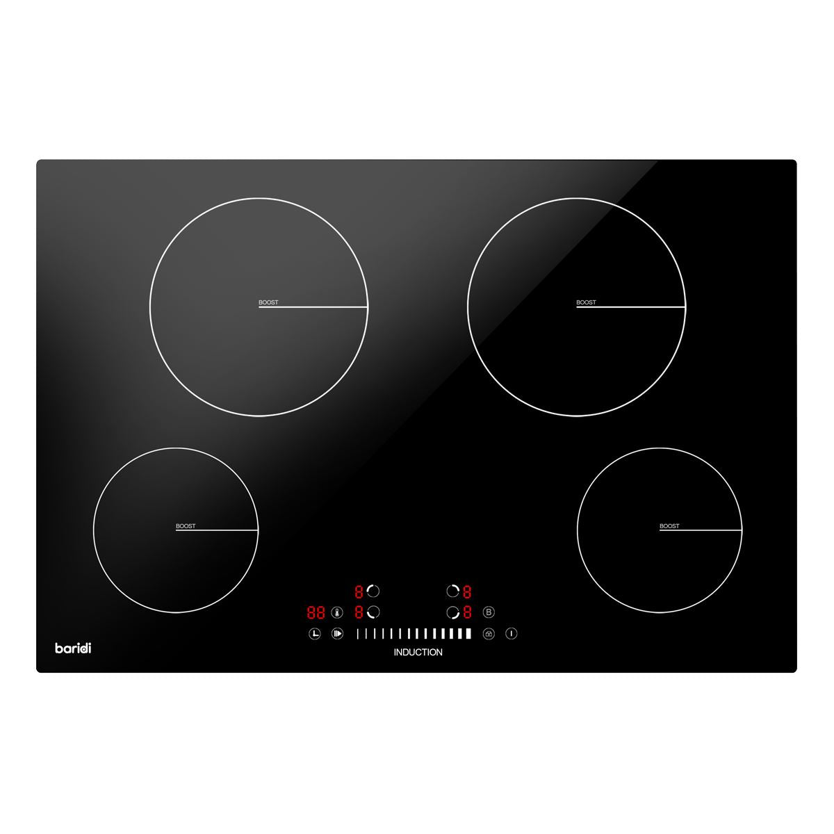 Sealey Baridi 77cm Built-In Induction Hob with 4 Cooking Zones, 7200W, Boost Function, 9 Power Levels, Touch Control & Timer, Hardwired DH179