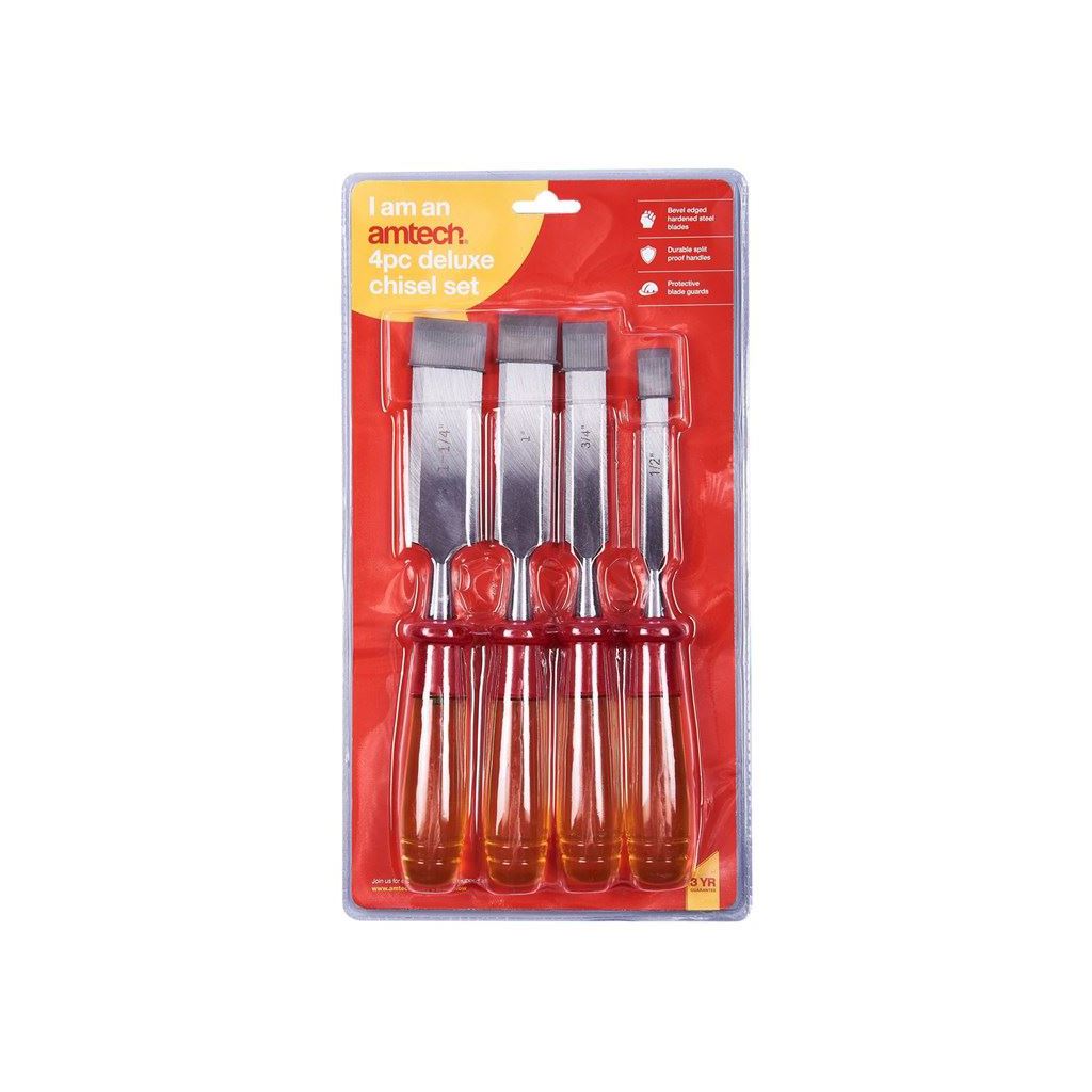 Amtech 4x Wood Chisel Set Hard Edge Bevel Edge Woodwork Carpentry Workshop - E0620