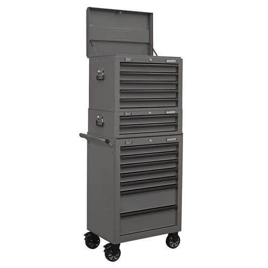 Sealey Superline Pro Topchest, Mid-Box Tool Chest & Rollcab Combination 14 Drawer with Ball-Bearing Slides - Grey APSTACKTGR