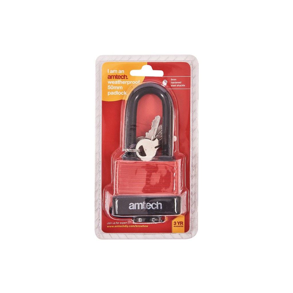 Amtech 50mm Long Shackle Tall Weather Proof Laminated Lock Steel Padlock+4 Key - T0765