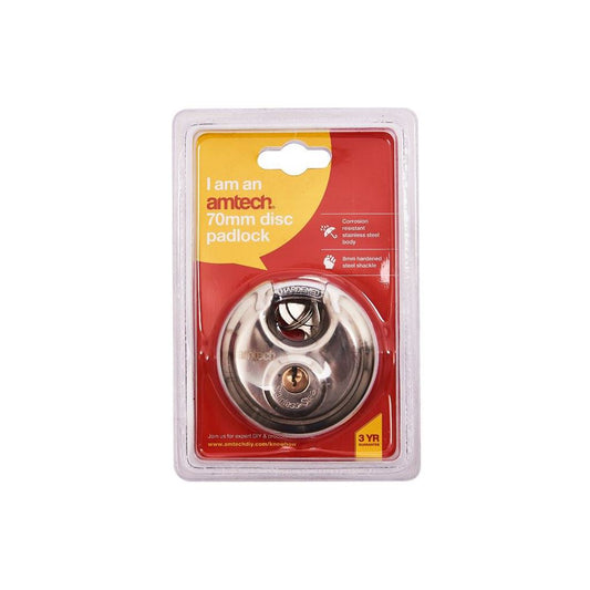 Amtech 70mm Disc Padlock Stainless Steel 2 Keys Hardrock Discus locks Shed/Gate - W4200