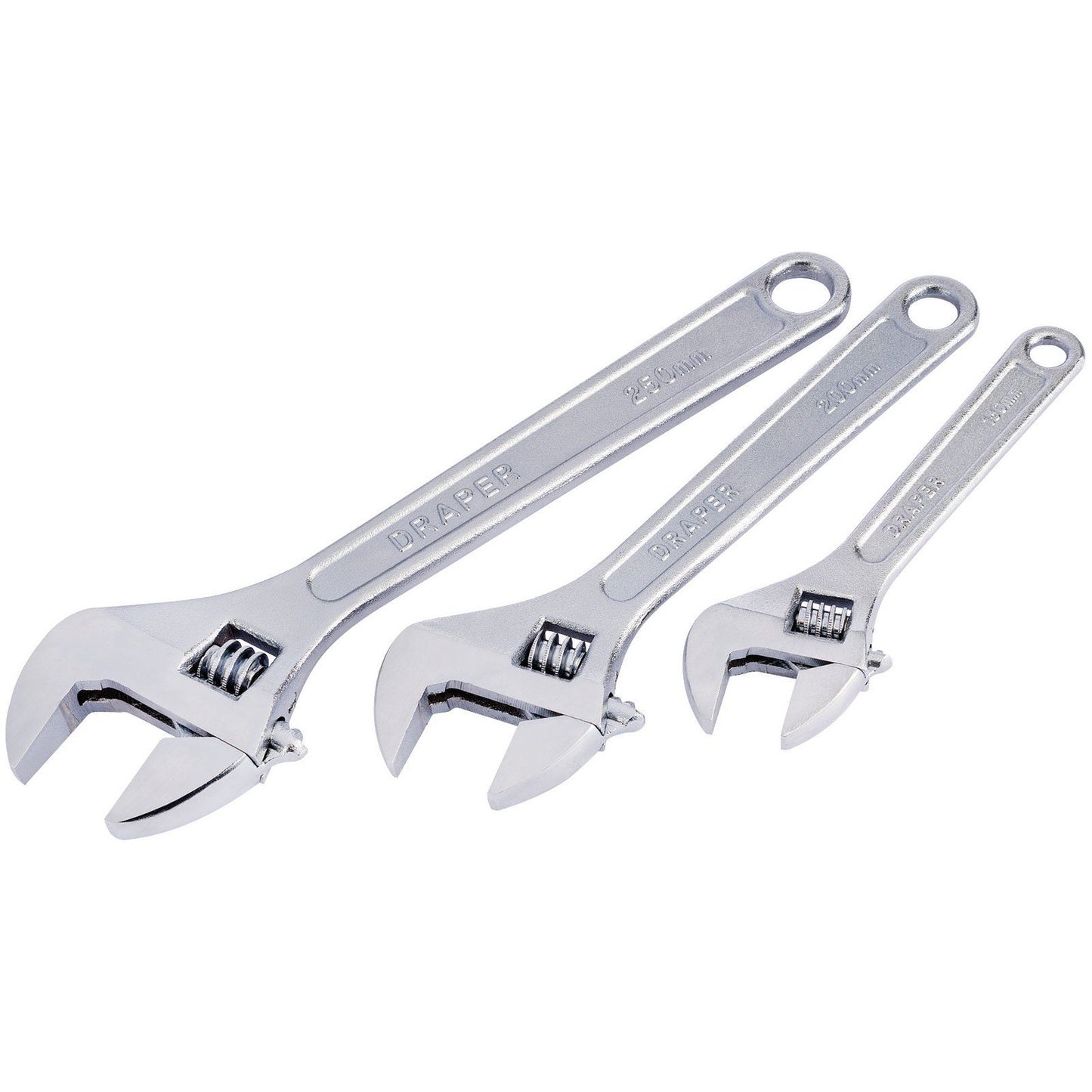 Draper 6", 8", 10" Adjustable 3 Piece Chrome Plated Wrench Spanners Set, 67642