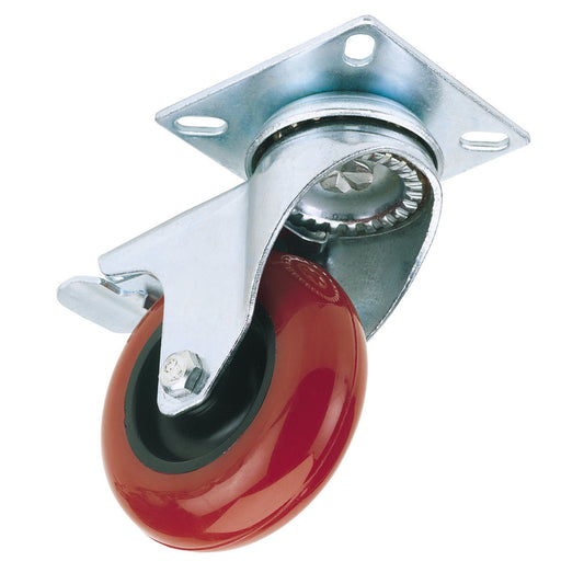 Draper 1x 75mm Diam Swivel Plate Fixing Polyurethane Wheel & Brake-S.W.L. 70kg - 65514