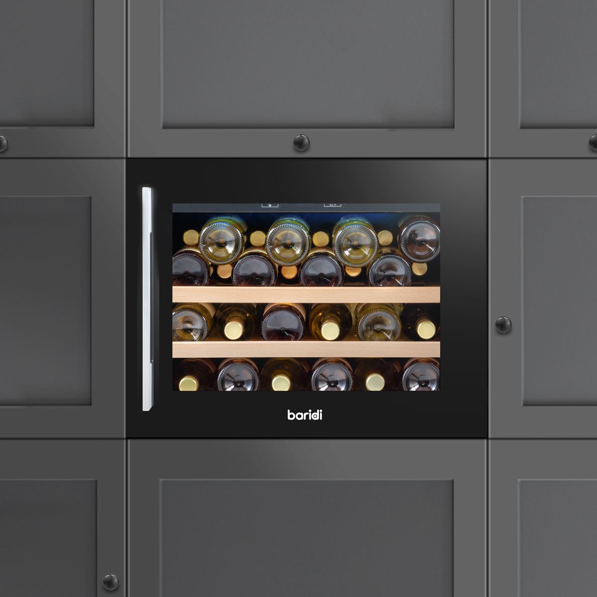 Sealey Baridi 60cm Built-In 28 Bottle Wine Cooler with Beech Wood Shelves and Internal LED Light, Black DH205