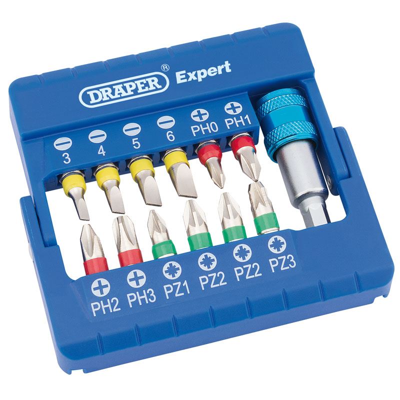 Draper 13 Piece Magnetic Cross Slotted Phillips PZ Screwdriver Bits Holder Set - 82401