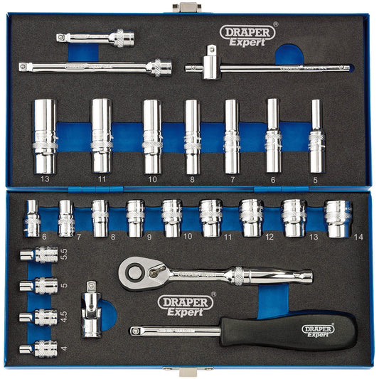 Draper 16476 / 16468 1/4" Dr 26pc Shallow Deep Socket Set Extensions Metal EVA