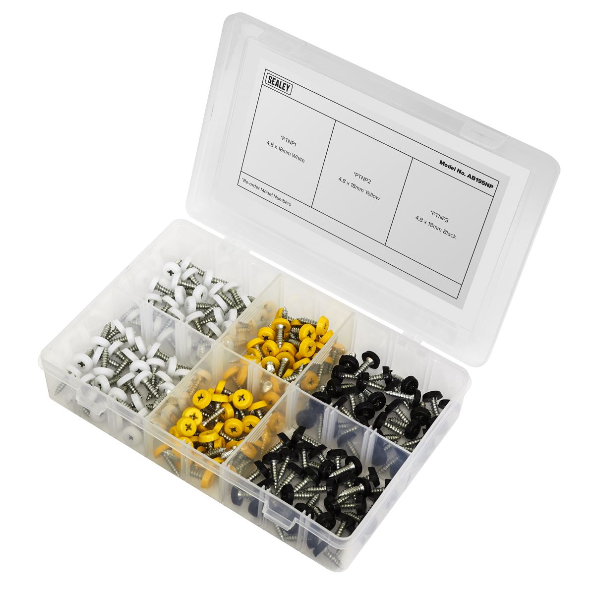 Numberplate Screw Assortment 195pc 4.8mm x 18mm - Plastic Enclosed Head AB195NP