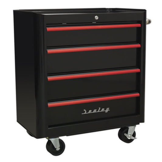 Sealey Rollcab 4 Drawer Retro Style - Black/Red Anodised Draw Pulls AP28204BR