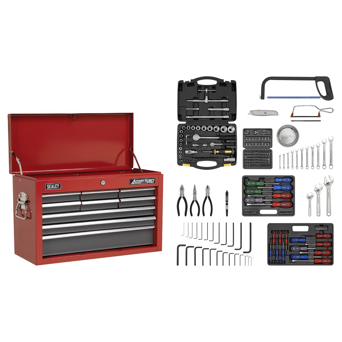 Sealey Topchest 9 Drawer - Red/Grey & 205pc Tool Kit AP22509BBCOMB