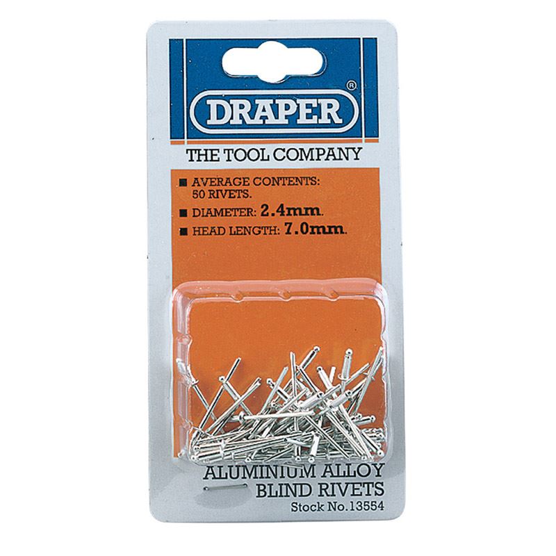 Draper 13554 Riv 2.4mm X 7mm Rivets (50 Per Card) For Riveter/Rivet Gun