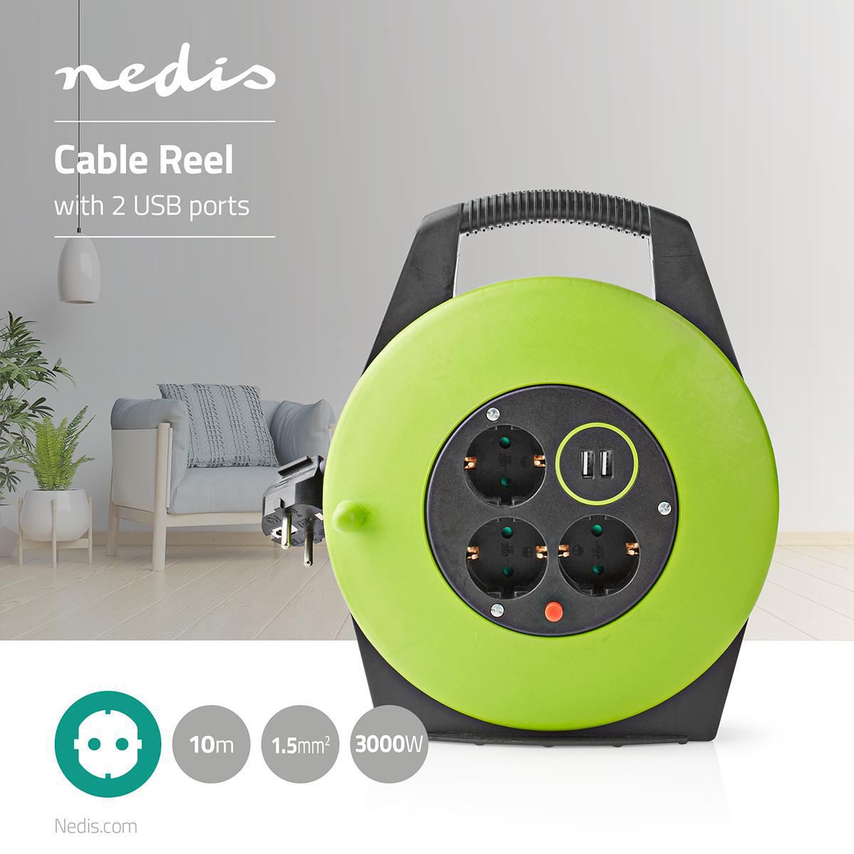 Nedis Cable Reel 10m 3x 1.5 mm² Thermal Cutoff Schuko & USB - PECCR10UFGN