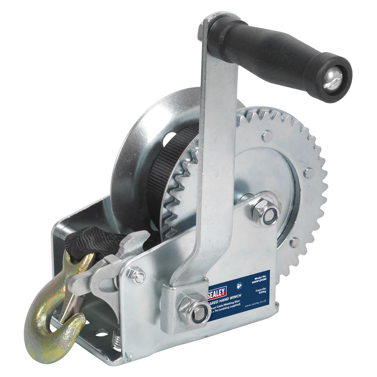 Sealey Geared Hand Winch 540kg Capacity with Webbing Strap GWW1200M