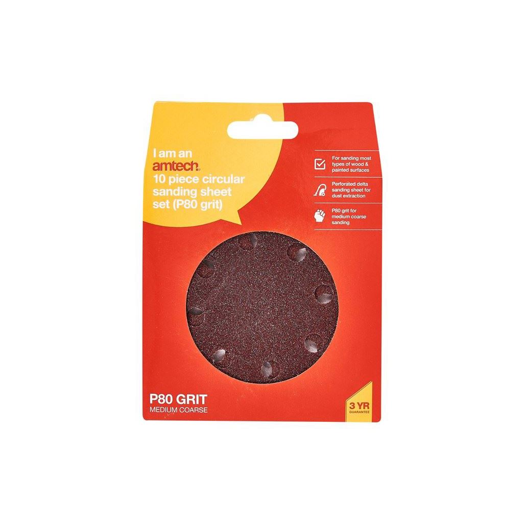 Amtech 10x 115mm Circular Sanding Sheet Disk Round Hook & Loop P80 Grit - V4065