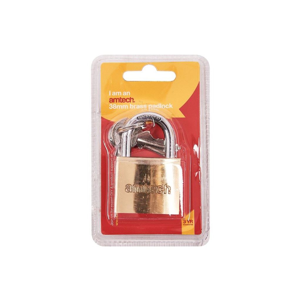 Amtech Padlock 38mm Long Shackle Brass Pad Garage/Shed/Gate/Worksop - T1200C