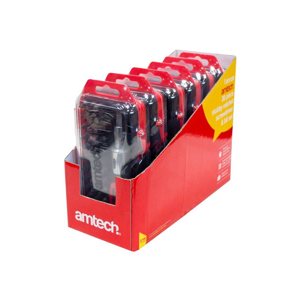 Amtech 38 Piece Stubby Ratchet Screwdriver Set Torx Hex Pozi Slotted Phillips - L1965