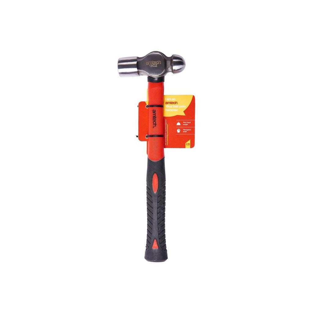 Amtech 16oz Ball Pin Pein Hammer Fibreglass Shaft Drop Forged Heat Treated - A0680