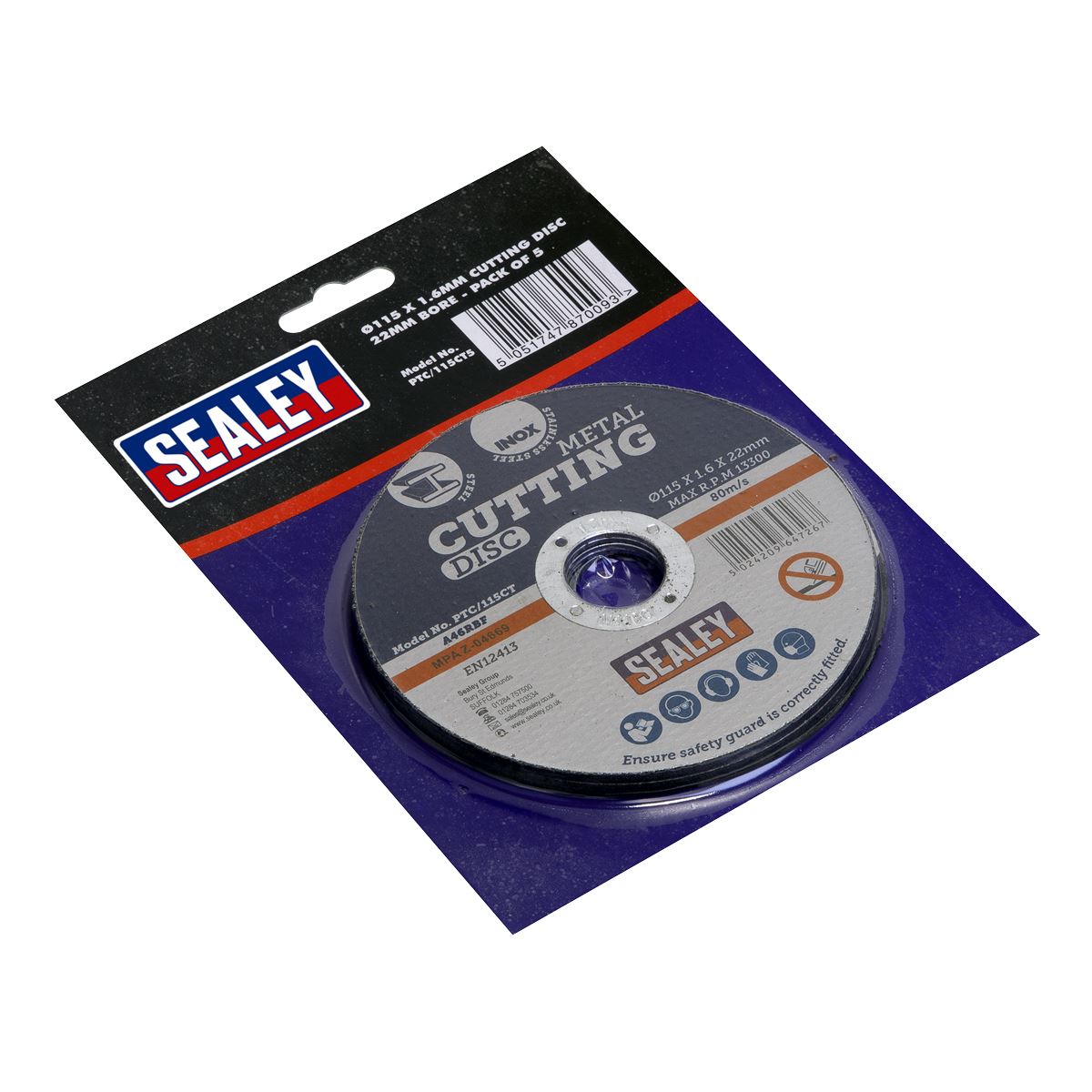 Sealey Cutting Disc 115 x 1.6mm 22mm Bore Pack of 5 PTC/115CT5