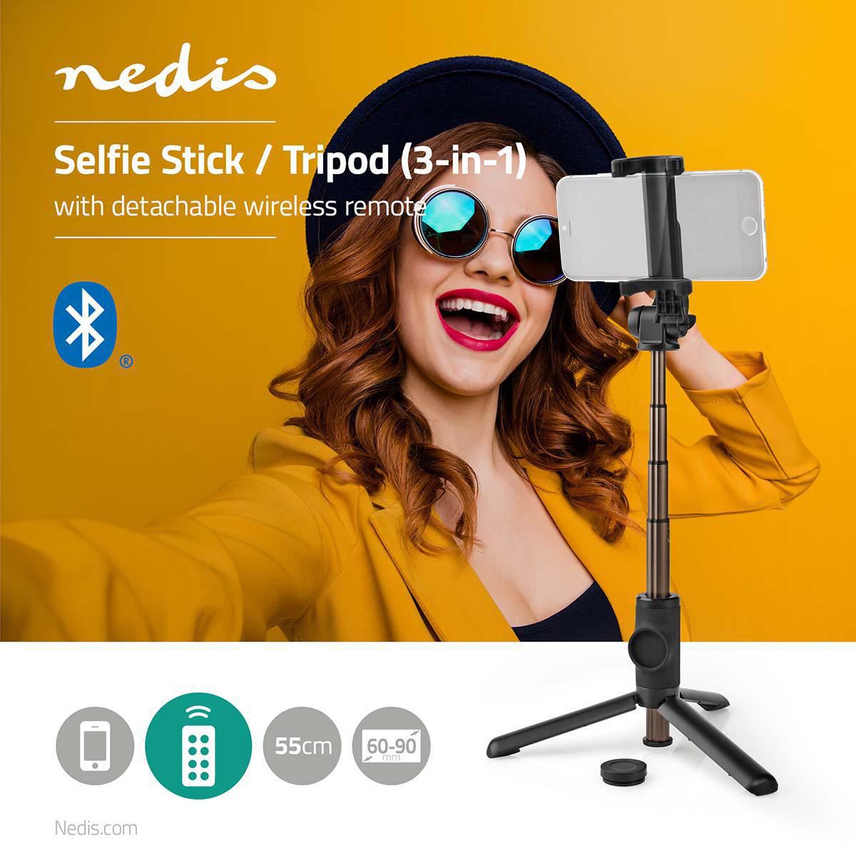 Nedis Extendable Selfie Stick detachable wireless remote Tripod Portable Black - SEST250BK