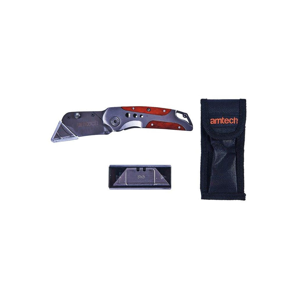 Amtech Folding Lock-Back Utility Knife - Wooden Grip - S0305