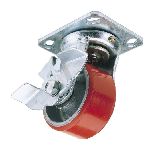 Draper 1x 100mm Diam Swivel Plate Fixing Polyurethane Wheel & Brake S.W.L. 250kg - 65524