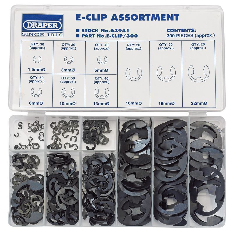 Draper 1x 300 Piece E Clip Assortment Garage Professional Standard Tool 63941