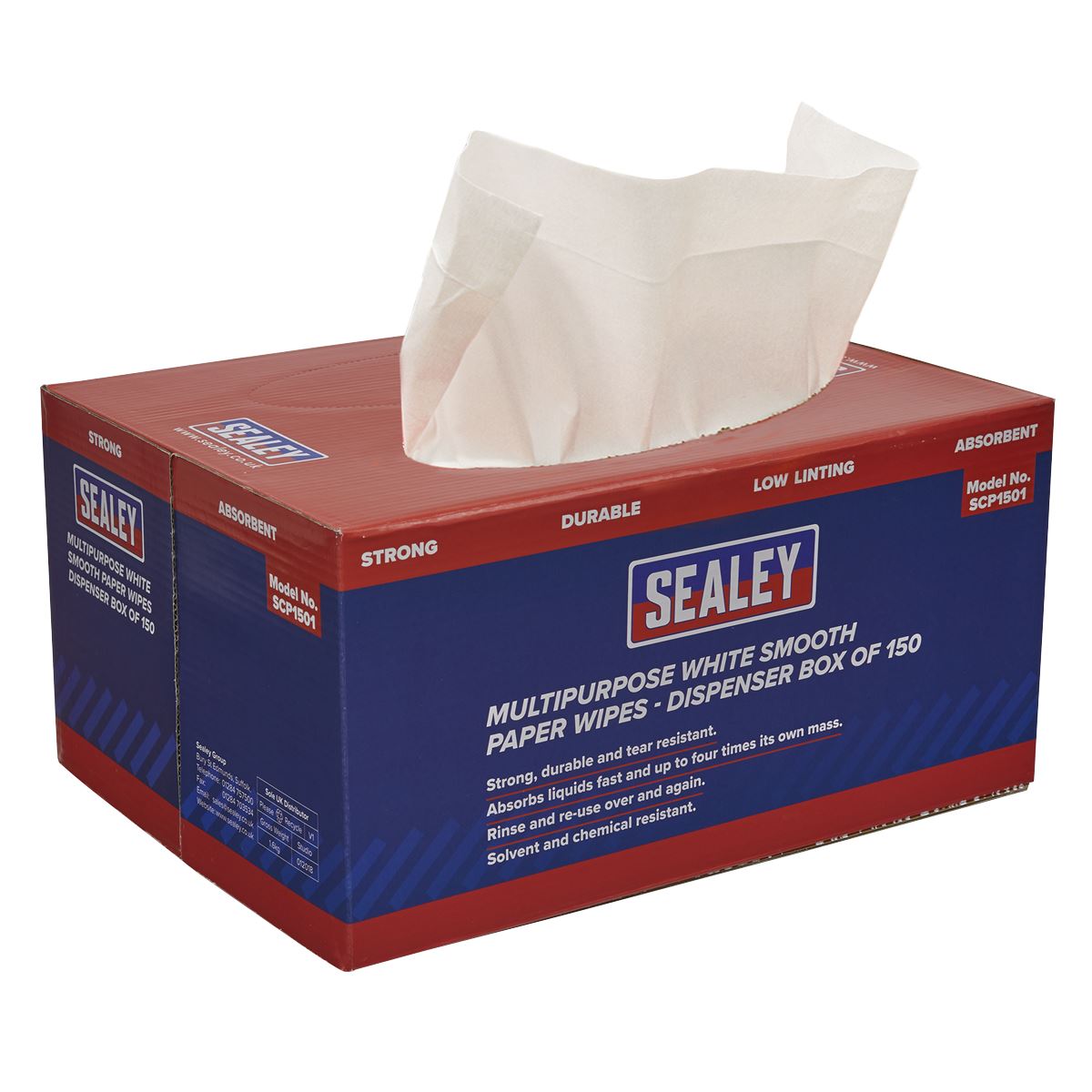 Sealey Paper Wipes In Dispenser Box - Smooth White 73gsm 150 Sheets SCP1501