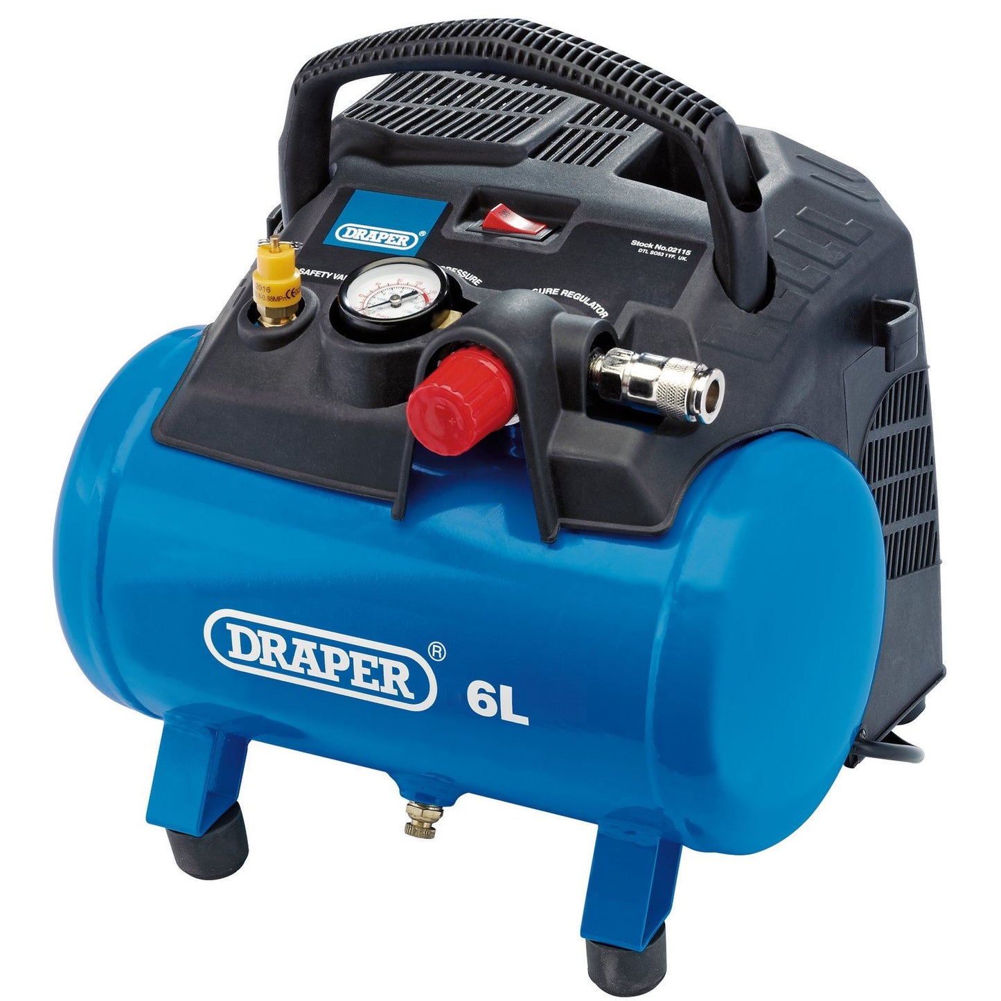 Draper 02115 6L Oil-Free Air Compressor 1.2KW Portable Compact 1.5HP 6.5CFM 8KG