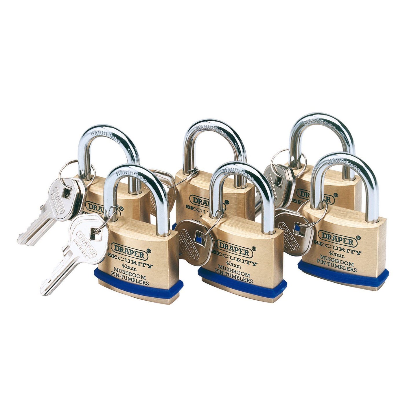 Draper Pack Of 6 x 40mm Solid Brass Padlocks With Hardened Steel Shackle 67659