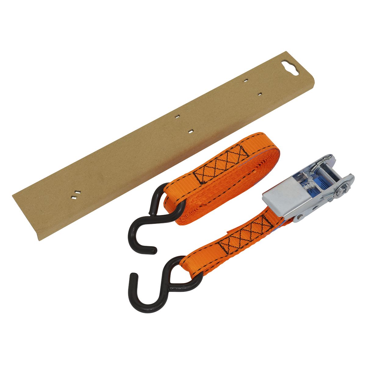 Sealey Ratchet Tie Down 25mm x 5m Polyester Webbing S-Hook With Corner Protector 600kg Breaking Strength TD0635S