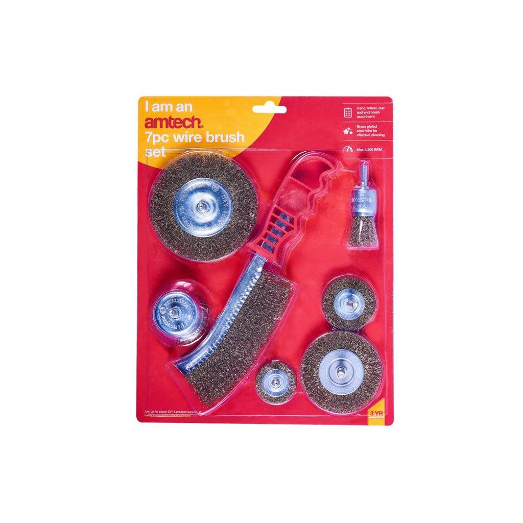 Amtech 7 Piece Wire Brush Set Wheel Brass Hand Brush Rotary Cleaning Drill - F3610