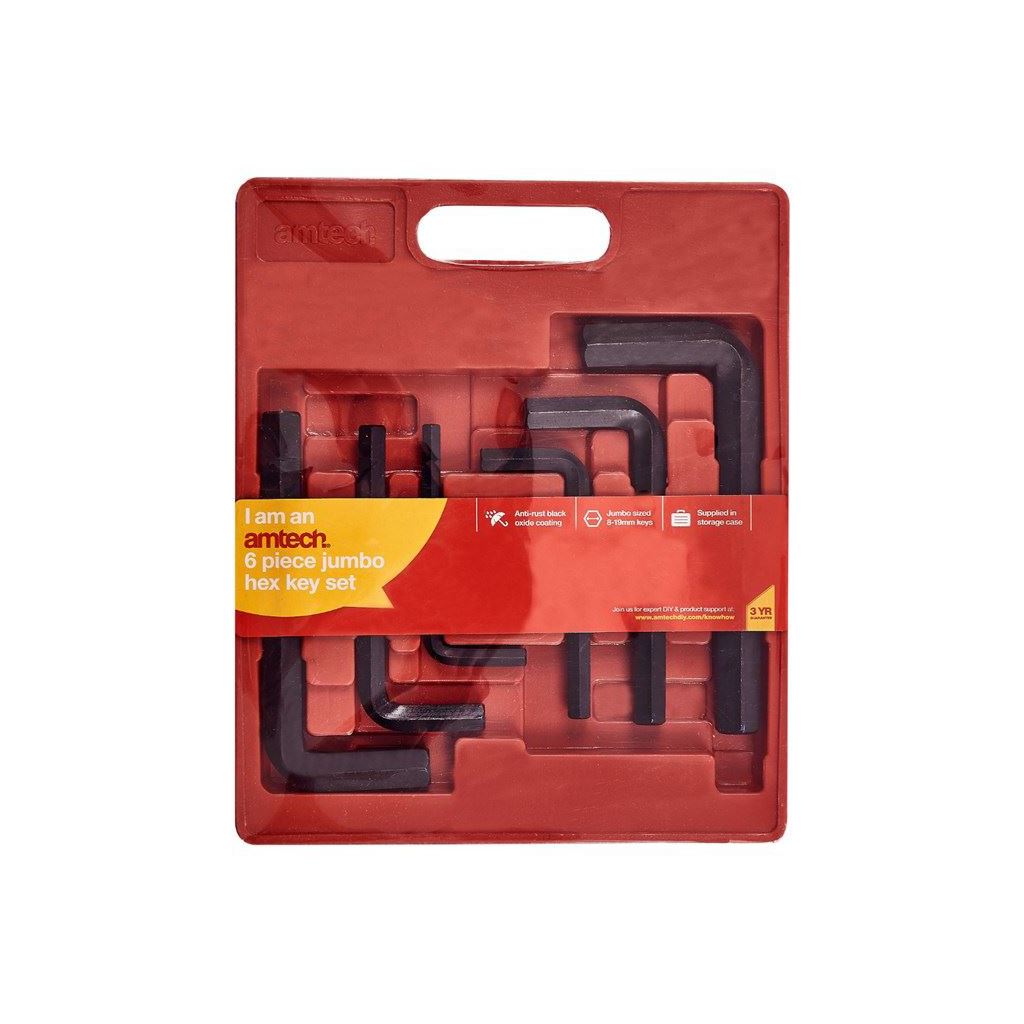 Amtech Brand 6 Piece Large Jumbo Hex Key Set Steel 8/10/12/14/17 & 19mm Sizes - I9040