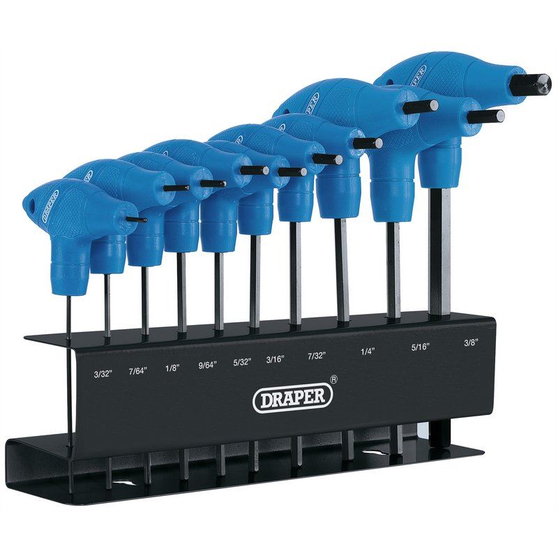 Draper 33871 T-Handle Imperial Hex Allen Key Set 10 Piece Hexagon With Rack